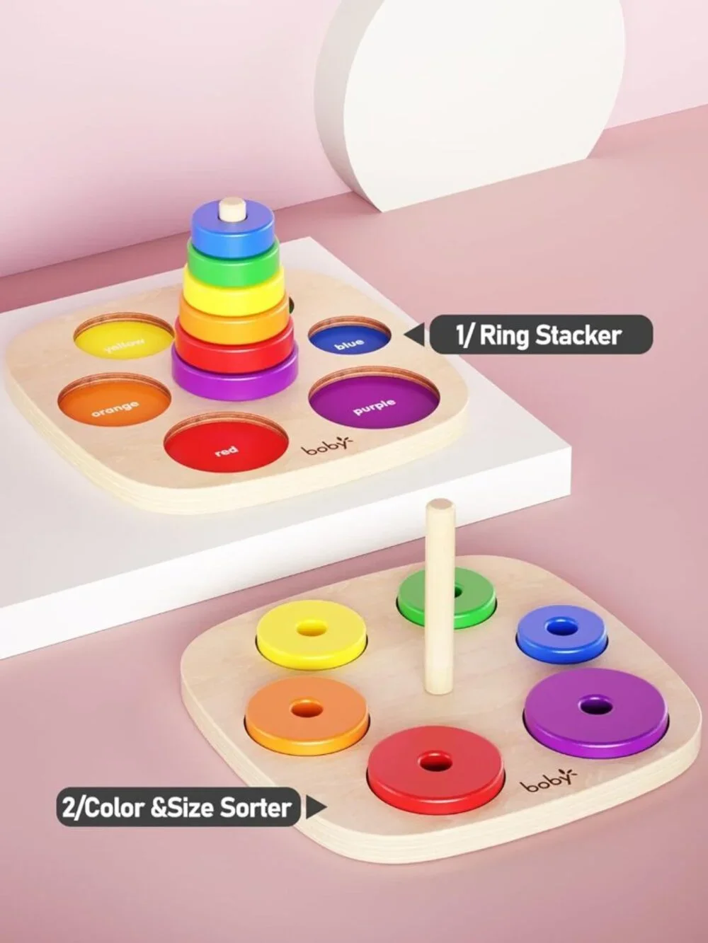 Colorful Wooden Rainbow Ring Stacker Toy for Toddlers - Montessori Learning